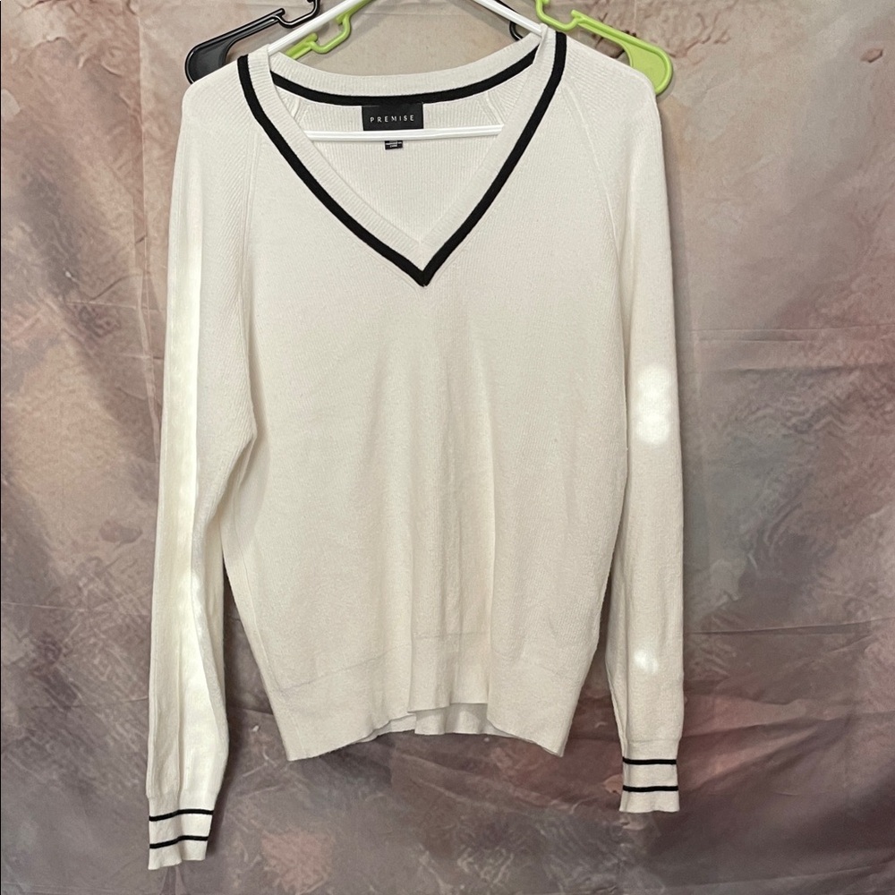 Premier Ivory V-Neck Sweater with Dark Trim
